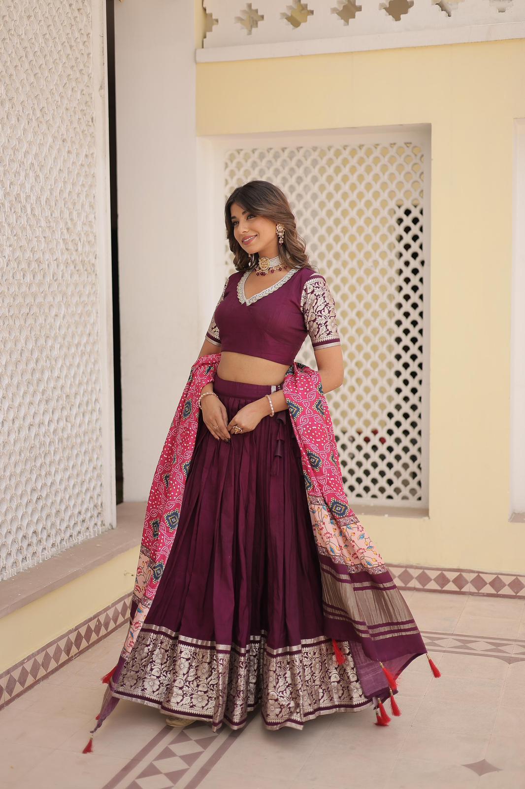 Solidcolour Viscose Jacquard Lehnga Choli