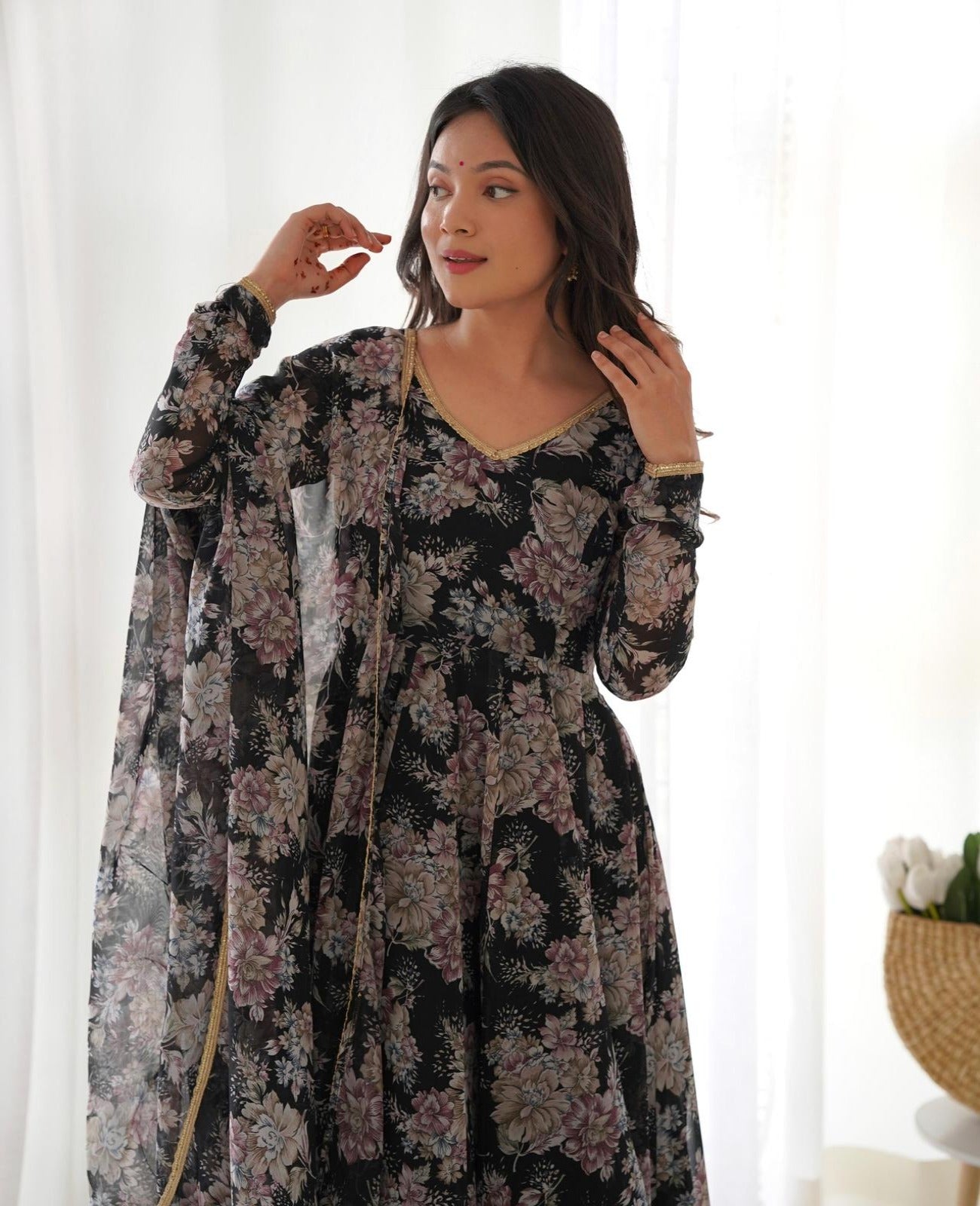 Black Georgette Floral V Neck Suit