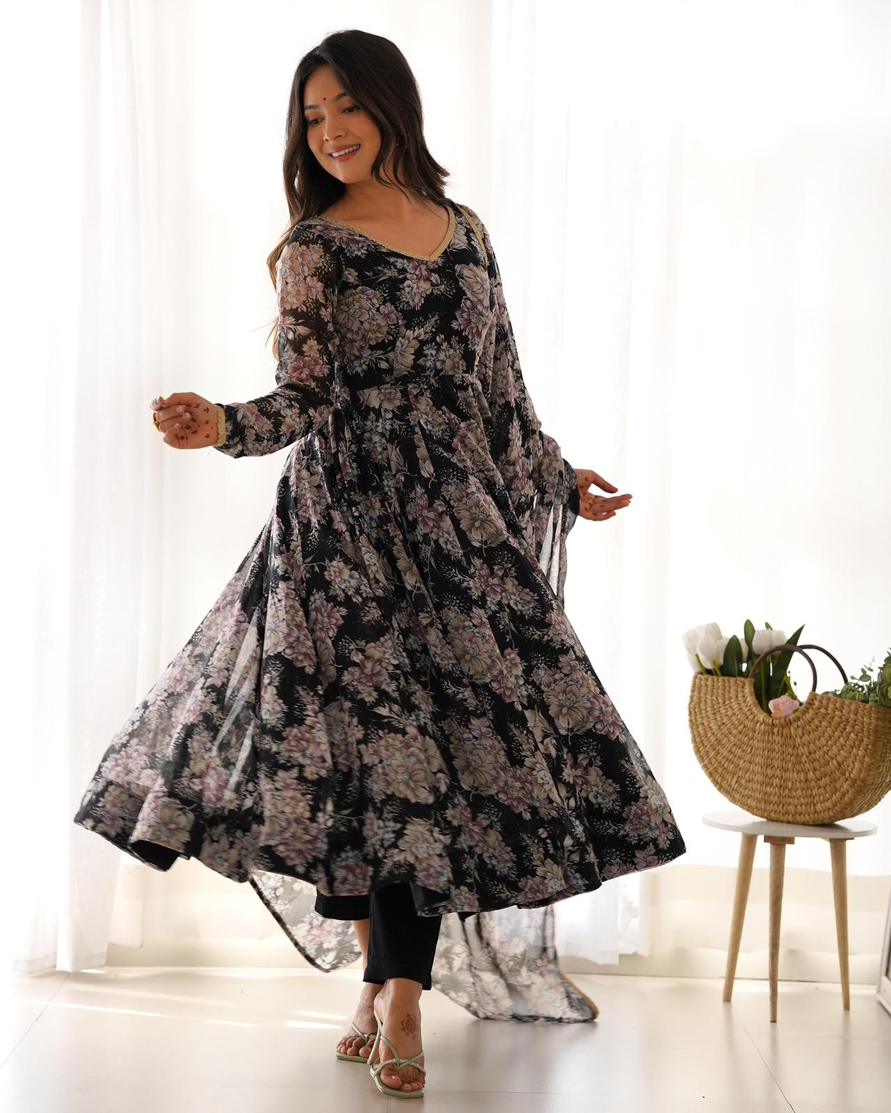 Black Georgette Floral V Neck Suit