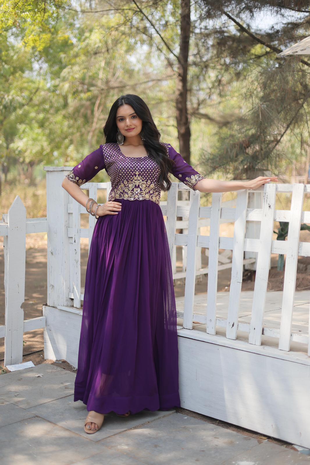 Solidcolour Faux Zari Thread Work Gown