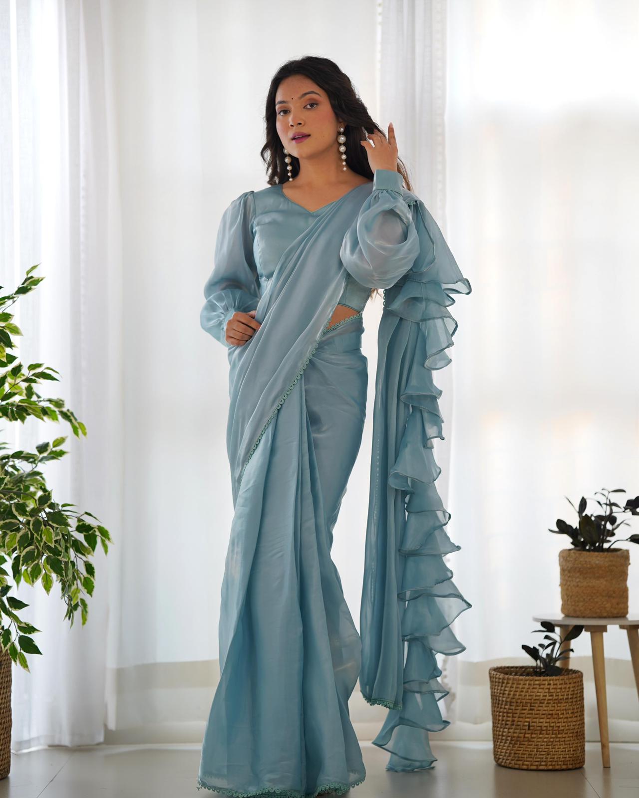 Pearl Blue Organza Ruffle Predrapped Saree