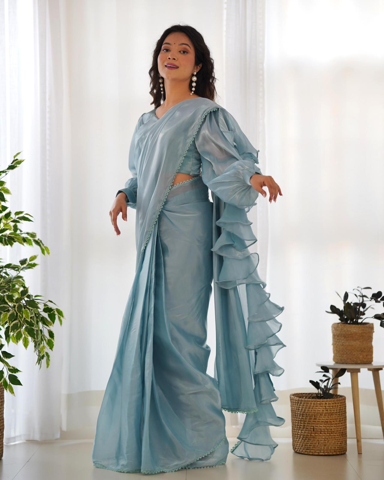 Pearl Blue Organza Ruffle Predrapped Saree