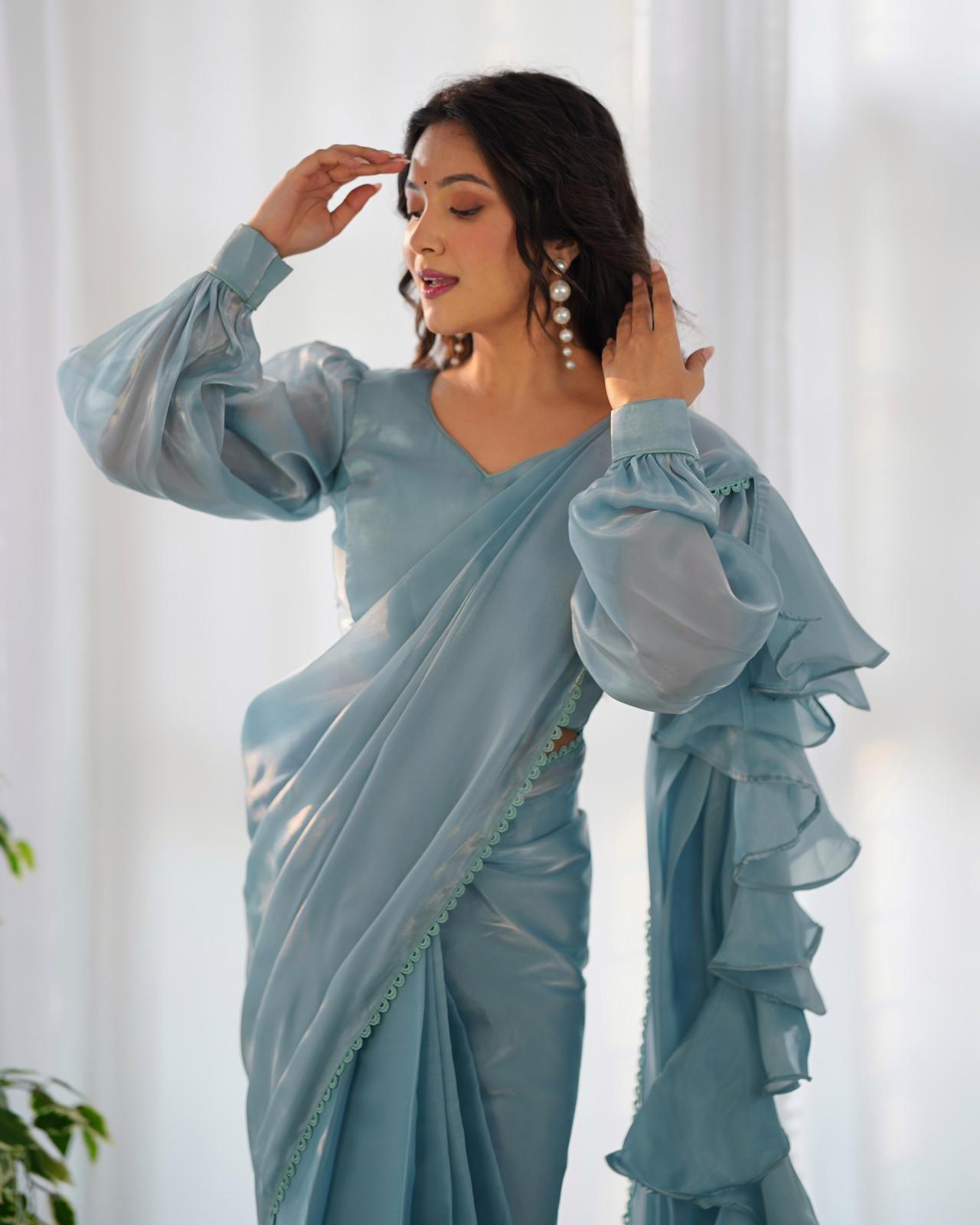 Pearl Blue Organza Ruffle Predrapped Saree