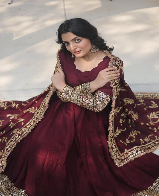 Dark Maroon Vichitra Rich Sequins Work Anarkali Gown