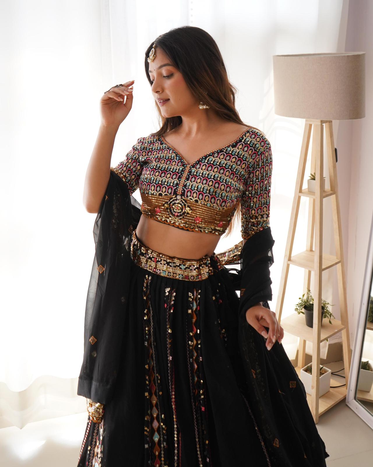 Black Faux Georgette Heavy Sequins Work Lehnga Choli