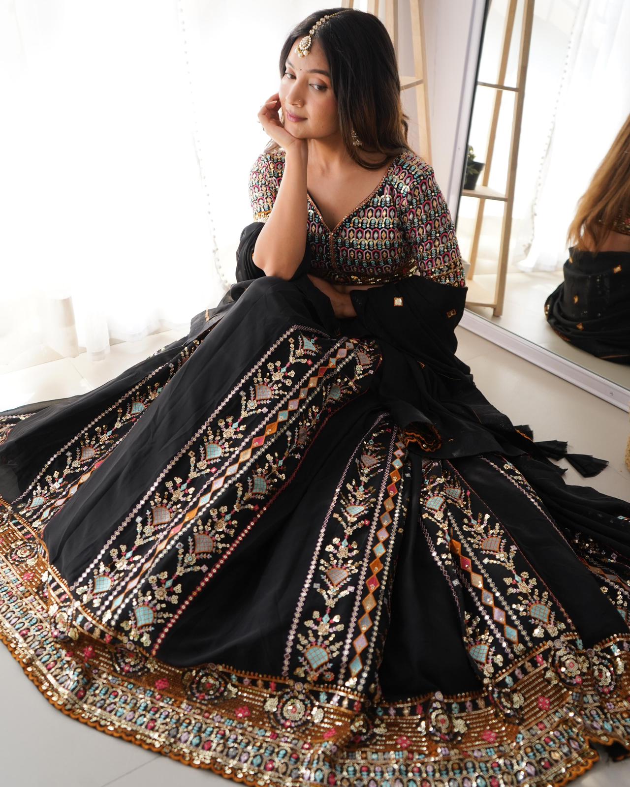 Black Faux Georgette Heavy Sequins Work Lehnga Choli