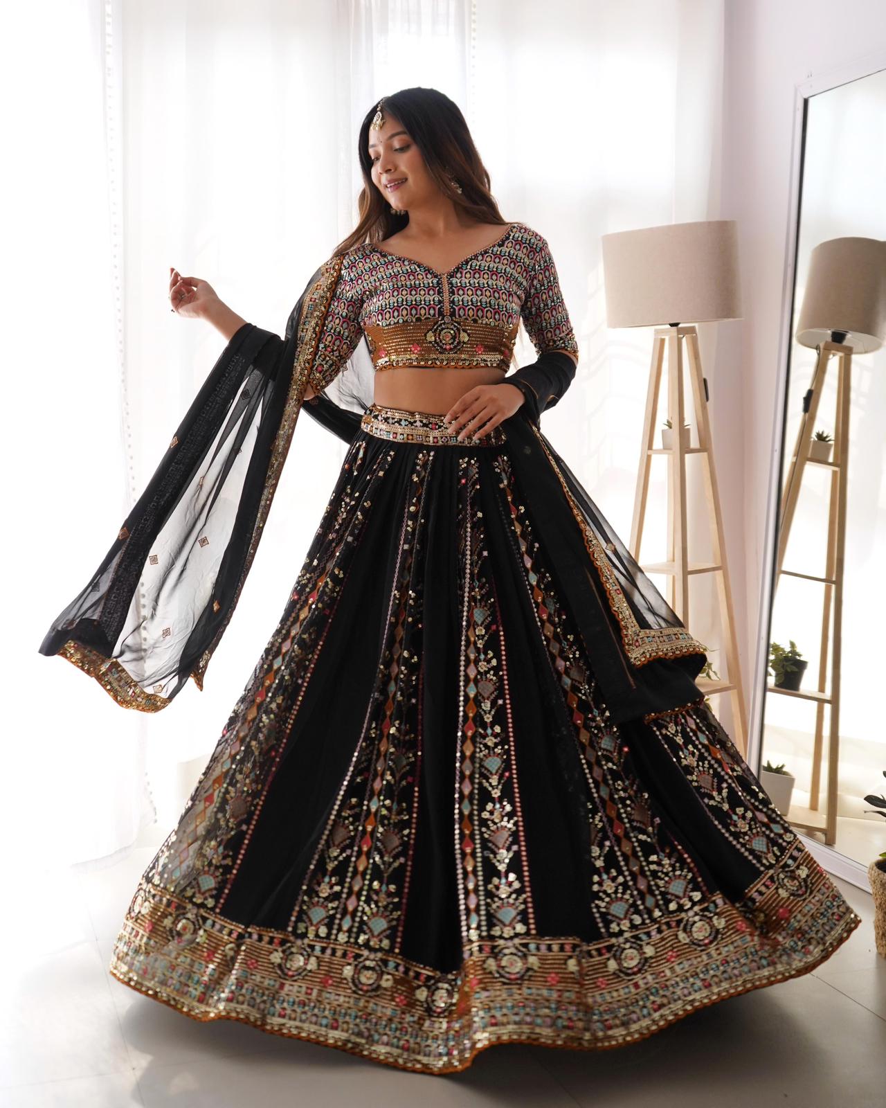 Black Faux Georgette Heavy Sequins Work Lehnga Choli