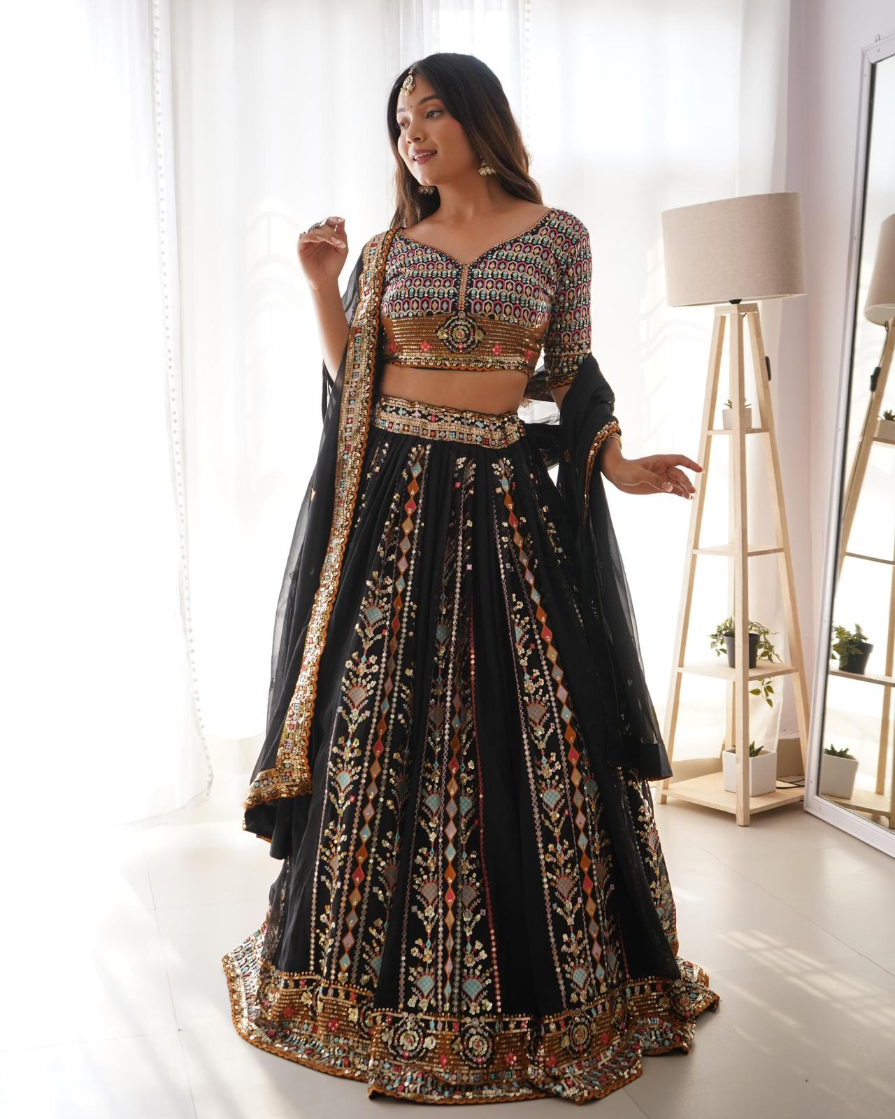 Black Faux Georgette Heavy Sequins Work Lehnga Choli