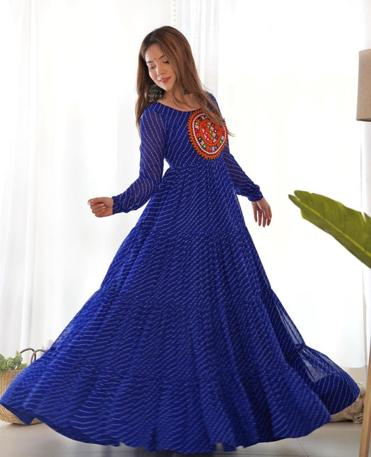 Georgette Lehriya Printed Yoke Work Gown