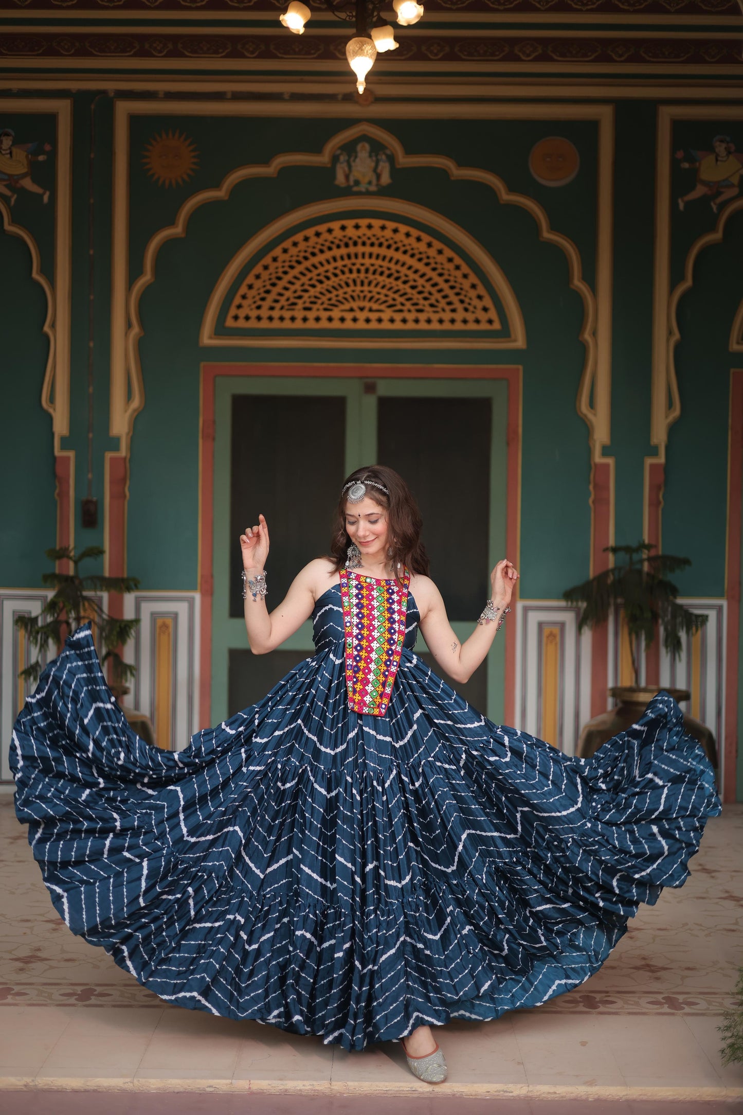 Chinon Kutchi Work Lehriya Printed Gown