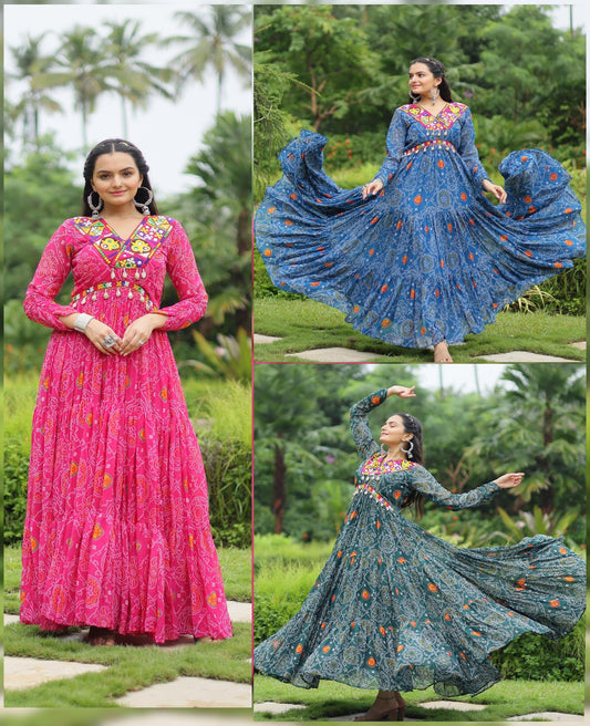 Georgette Bandhani Ruffle Flared Navaratri Gown