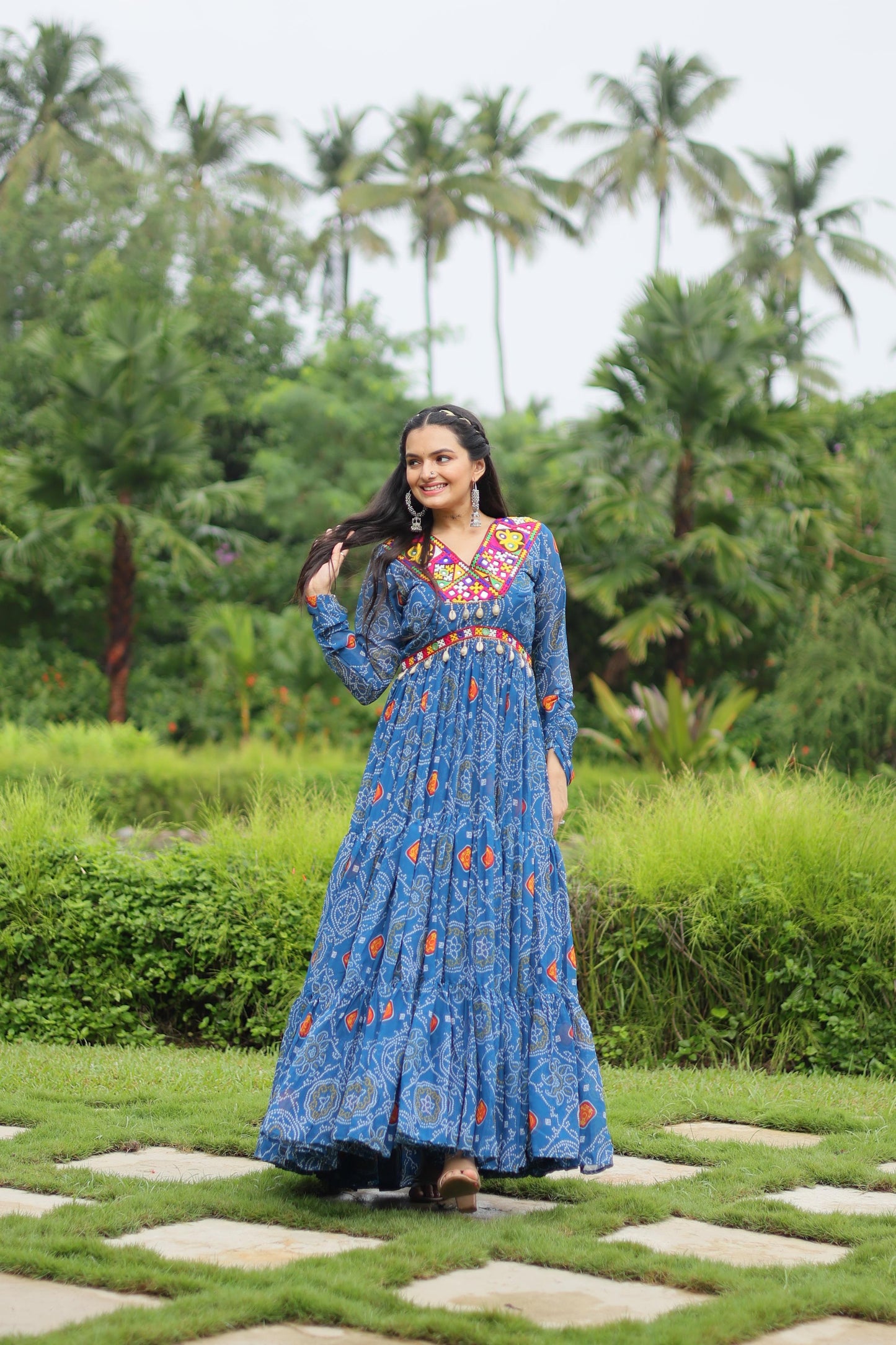 Georgette Bandhani Ruffle Flared Navaratri Gown