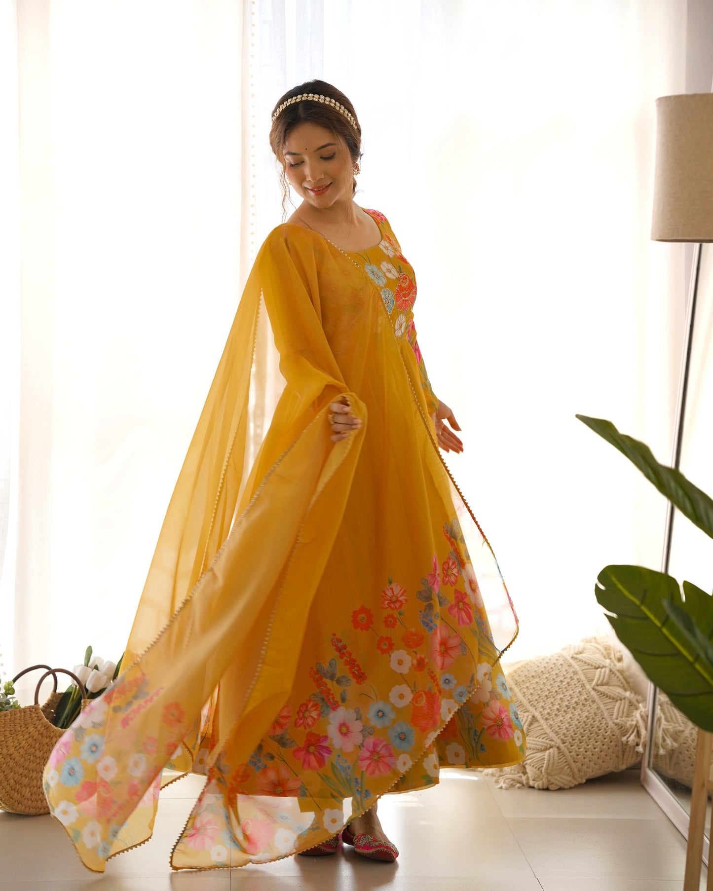 Solidcolour Soft Organza Floral Anarkali Suit