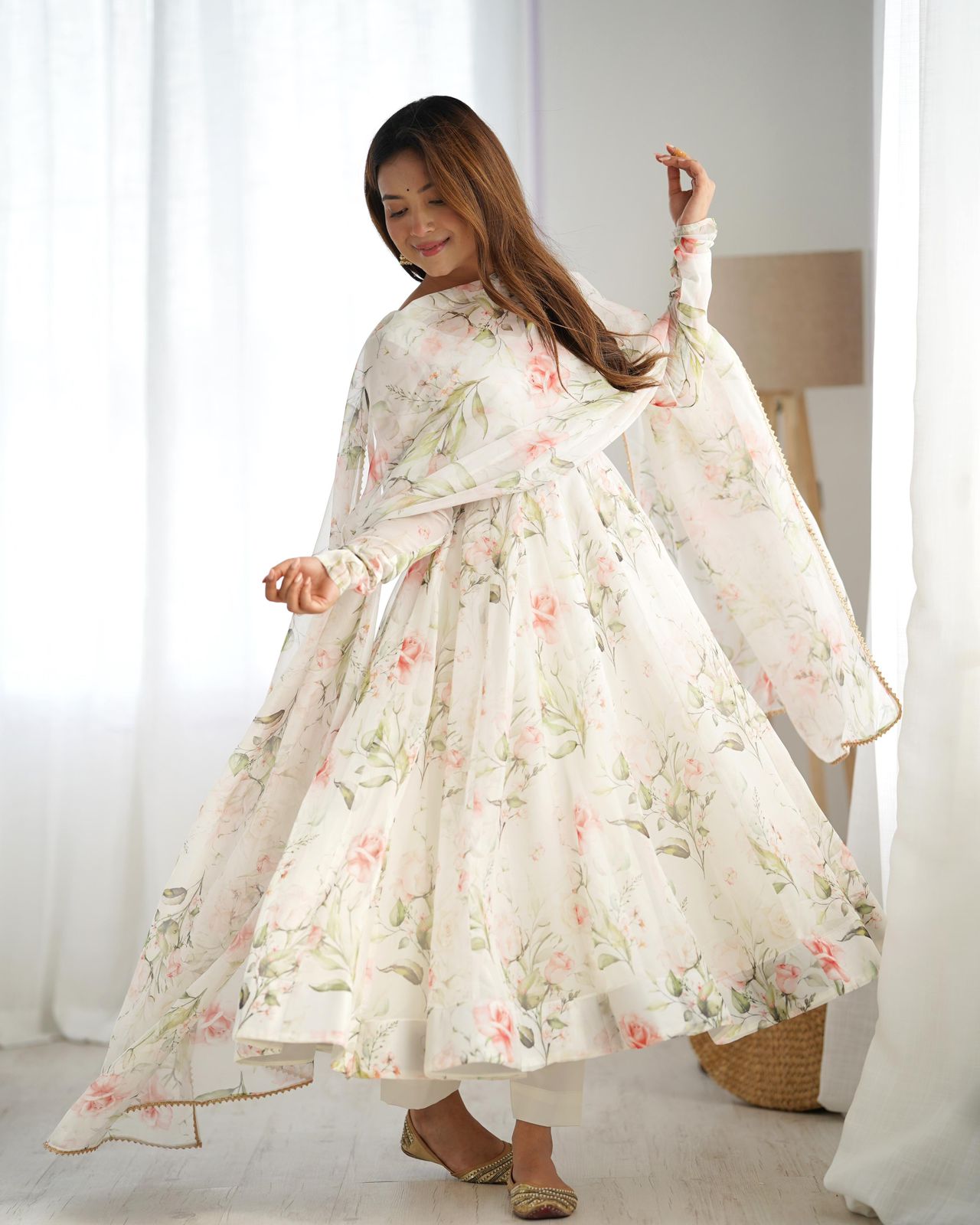 White Organza Printed Gotta Work Anarkali