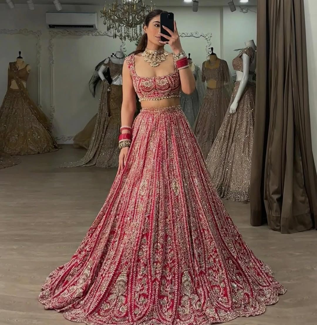 Bridal Red Boomer Silk Heavy Embroidery Work Lehnga Set