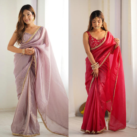 Solid Colour Tissue Silk Stitched Saree