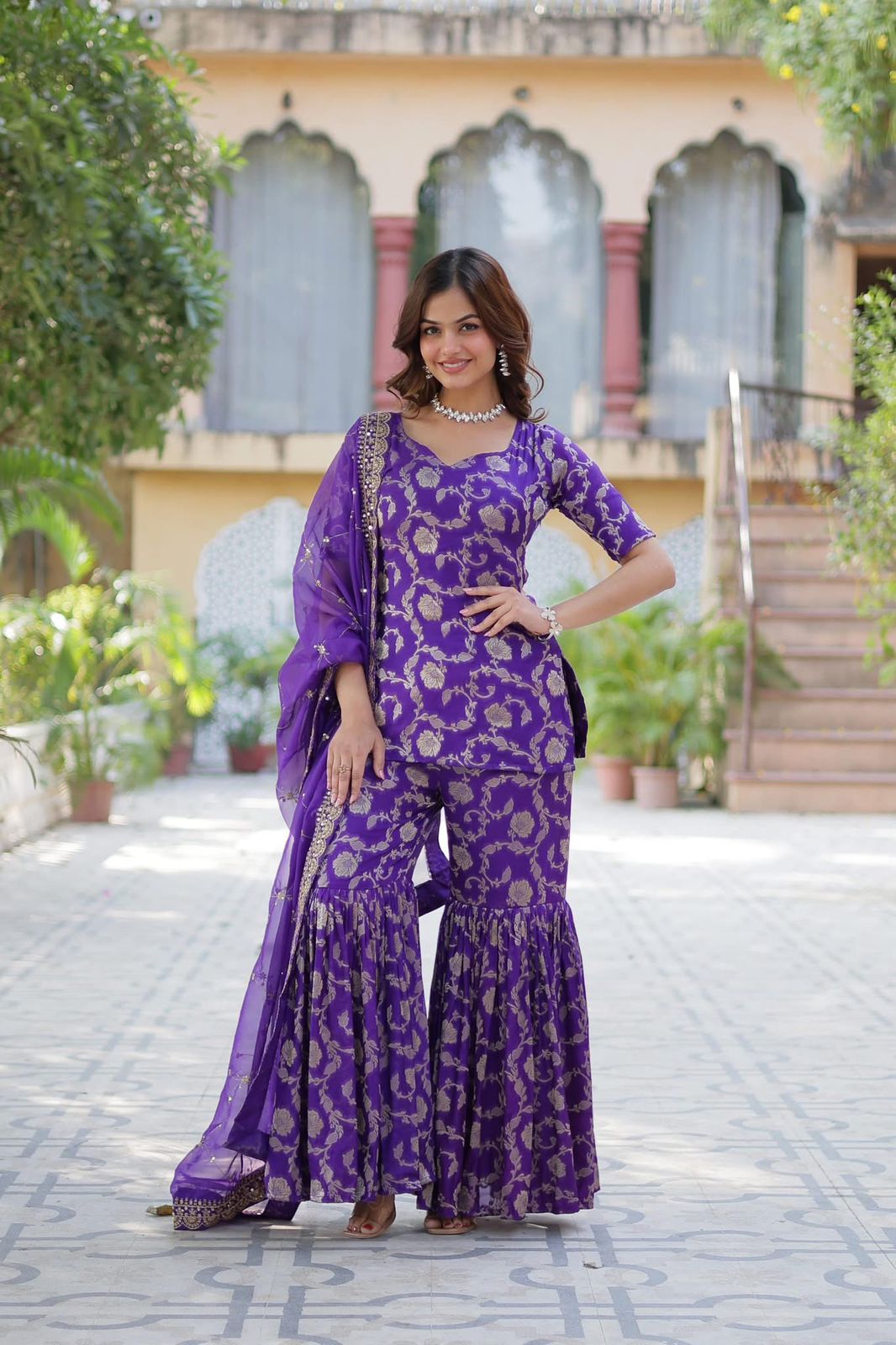 Viscose Georgette Jacquard Sharara Suit