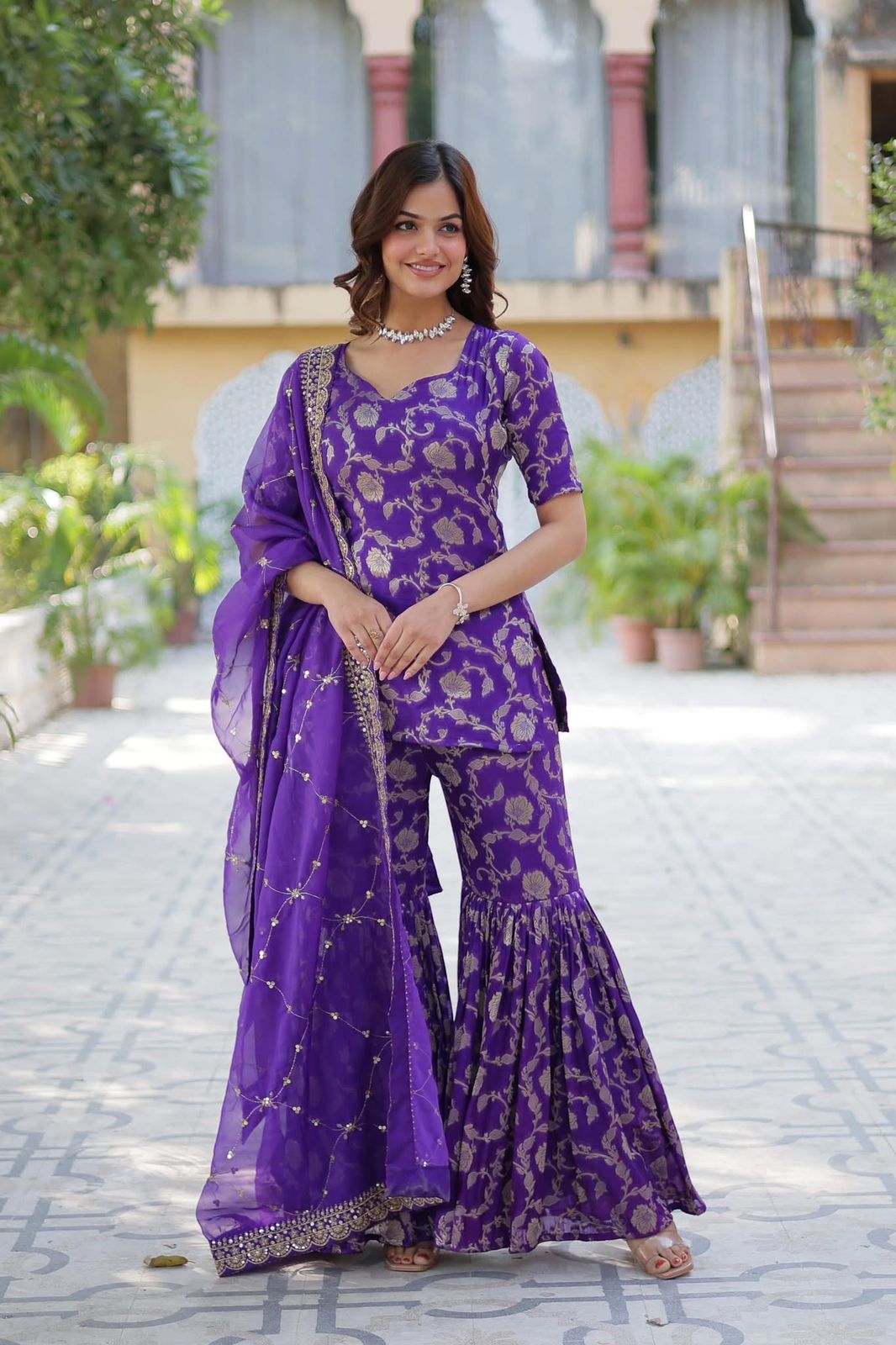 Viscose Georgette Jacquard Sharara Suit