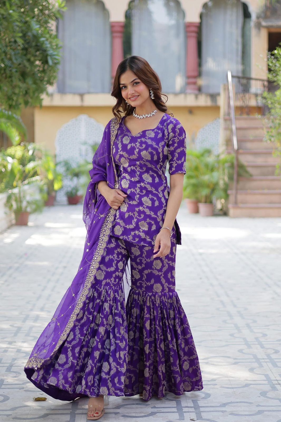 Viscose Georgette Jacquard Sharara Suit