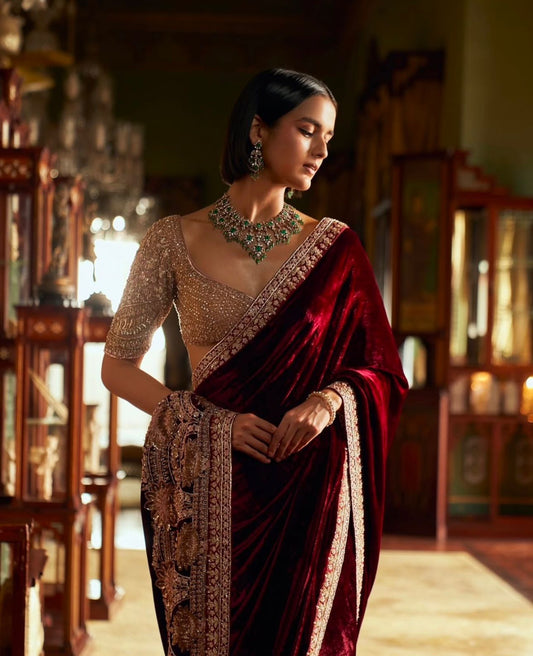 Gorgeous Maroon Velvet-Net Embroidered Saree