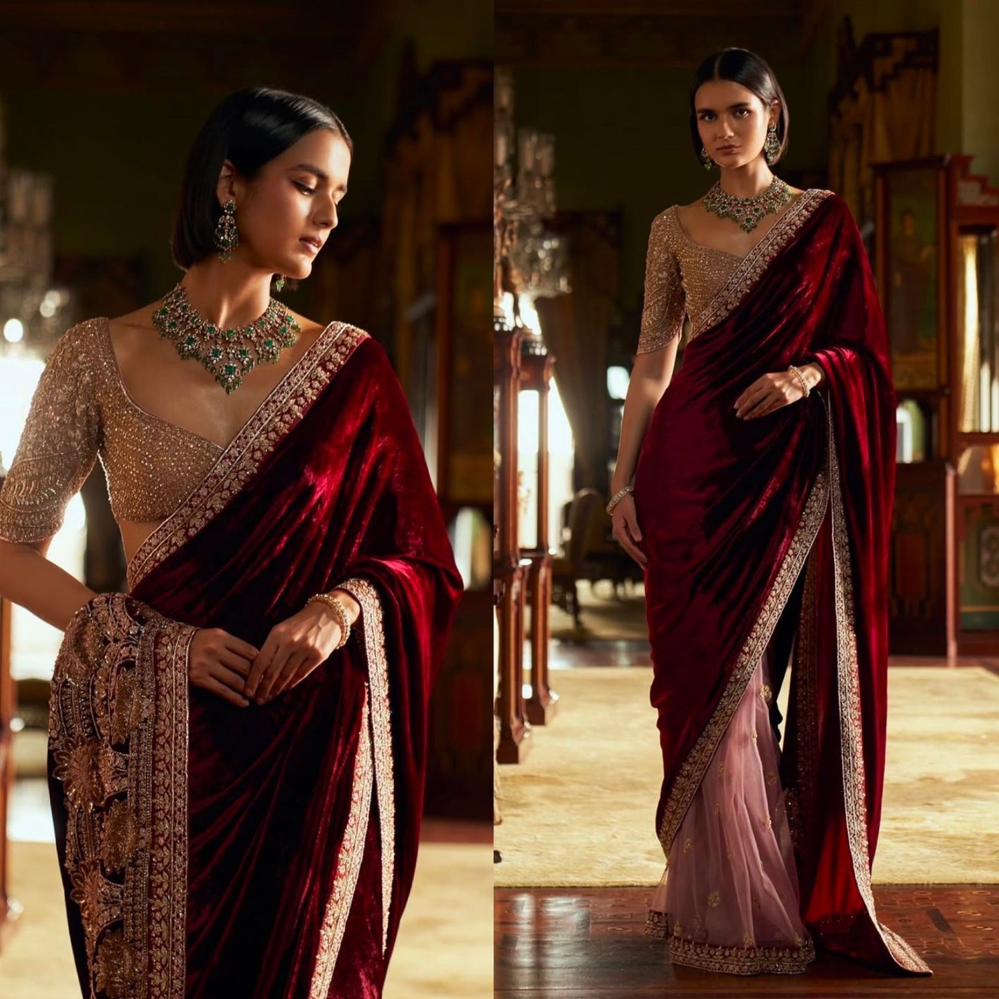 Gorgeous Maroon Velvet-Net Embroidered Saree