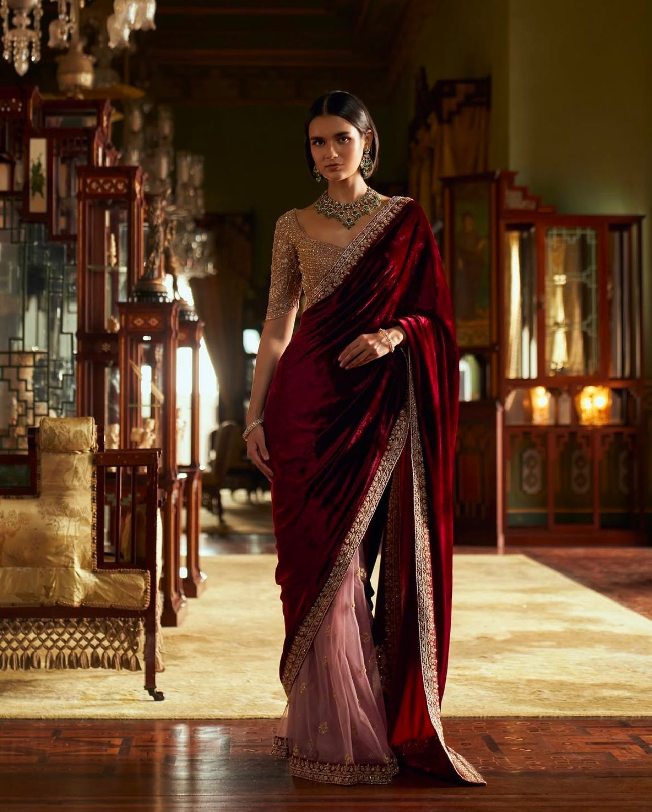 Gorgeous Maroon Velvet-Net Embroidered Saree