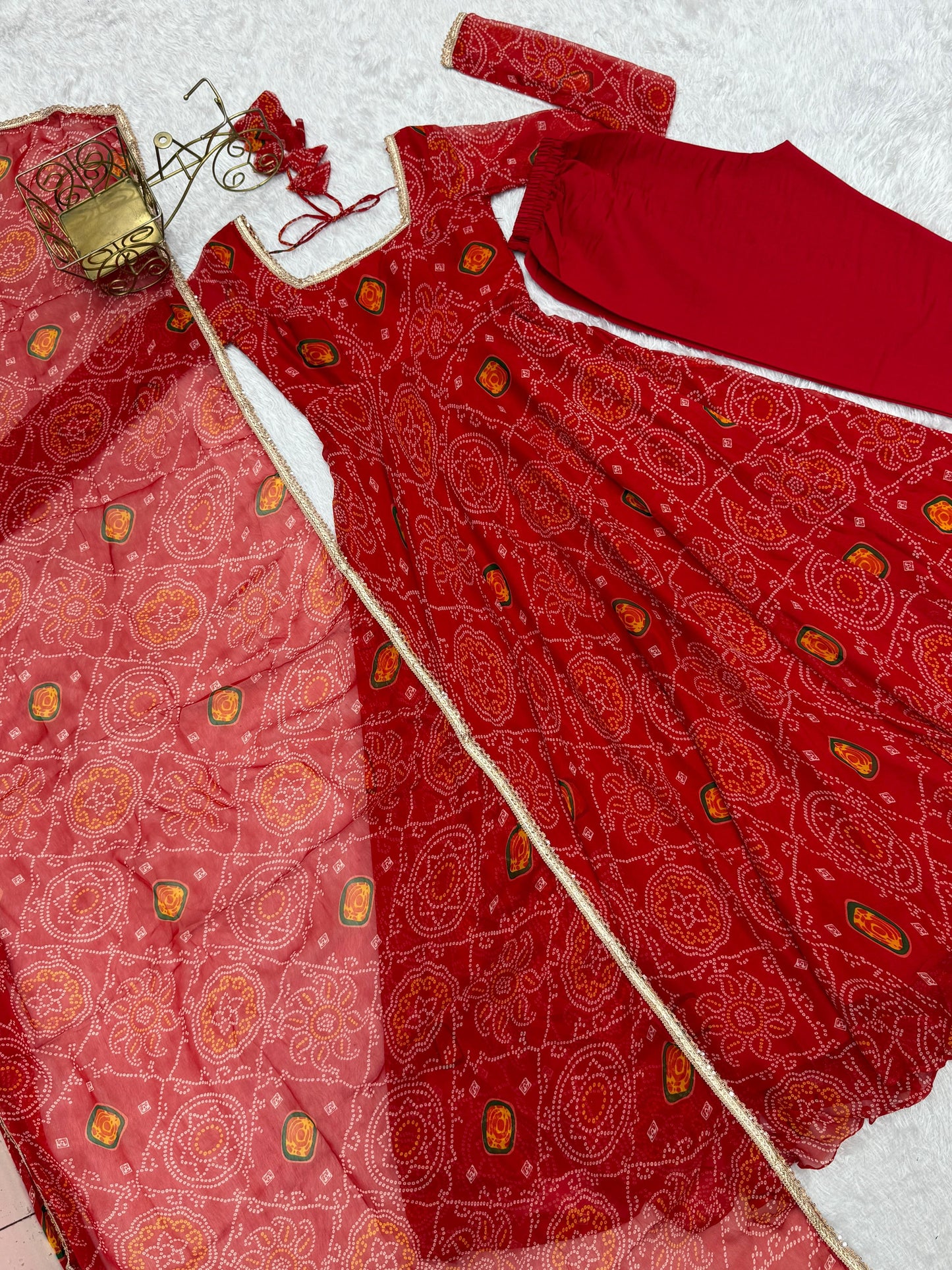 Red Chiffon Bandhani Printed Anarkali Suit