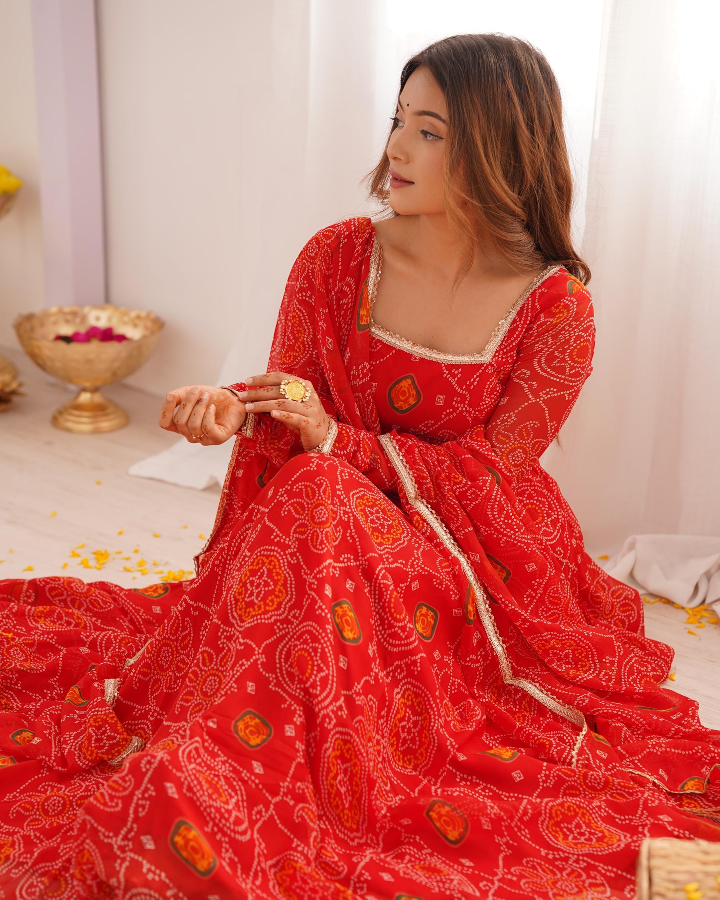 Red Chiffon Bandhani Printed Anarkali Suit