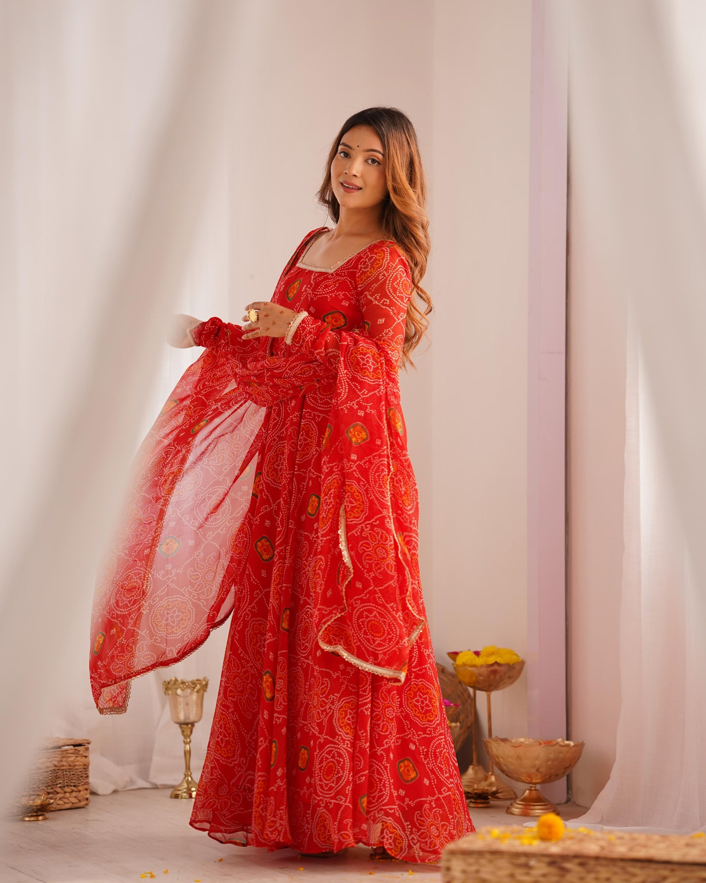 Red Chiffon Bandhani Printed Anarkali Suit