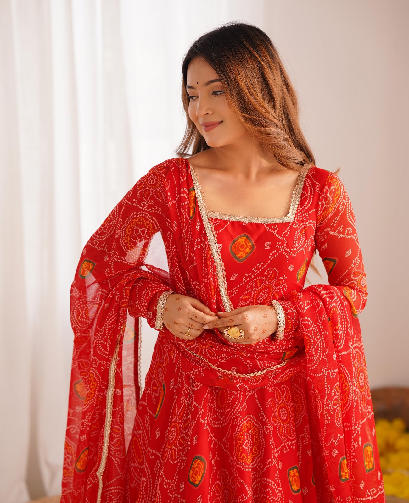 Red Chiffon Bandhani Printed Anarkali Suit