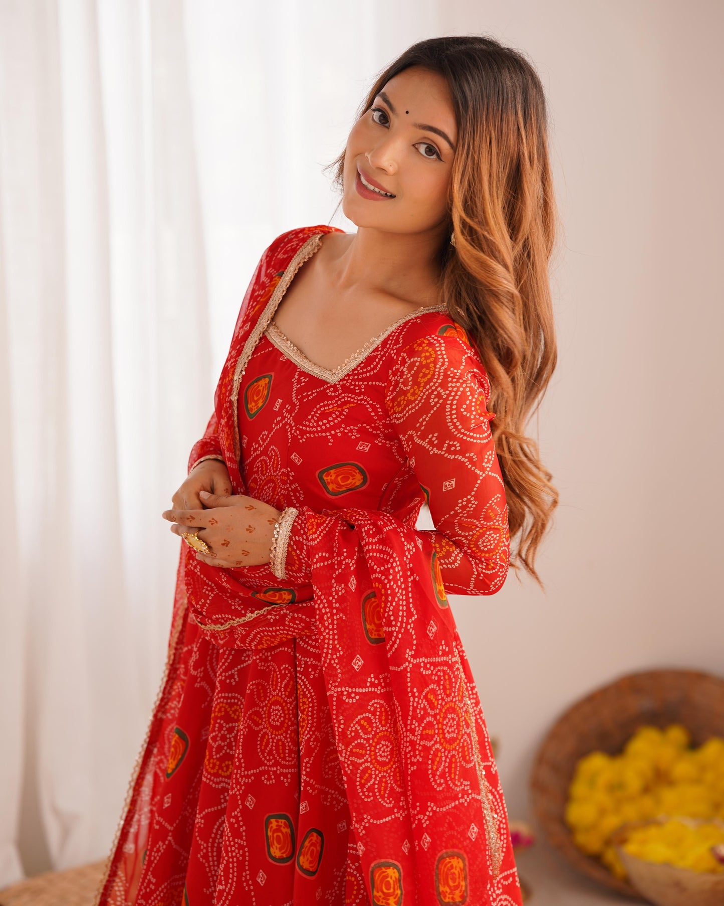 Red Chiffon Bandhani Printed Anarkali Suit