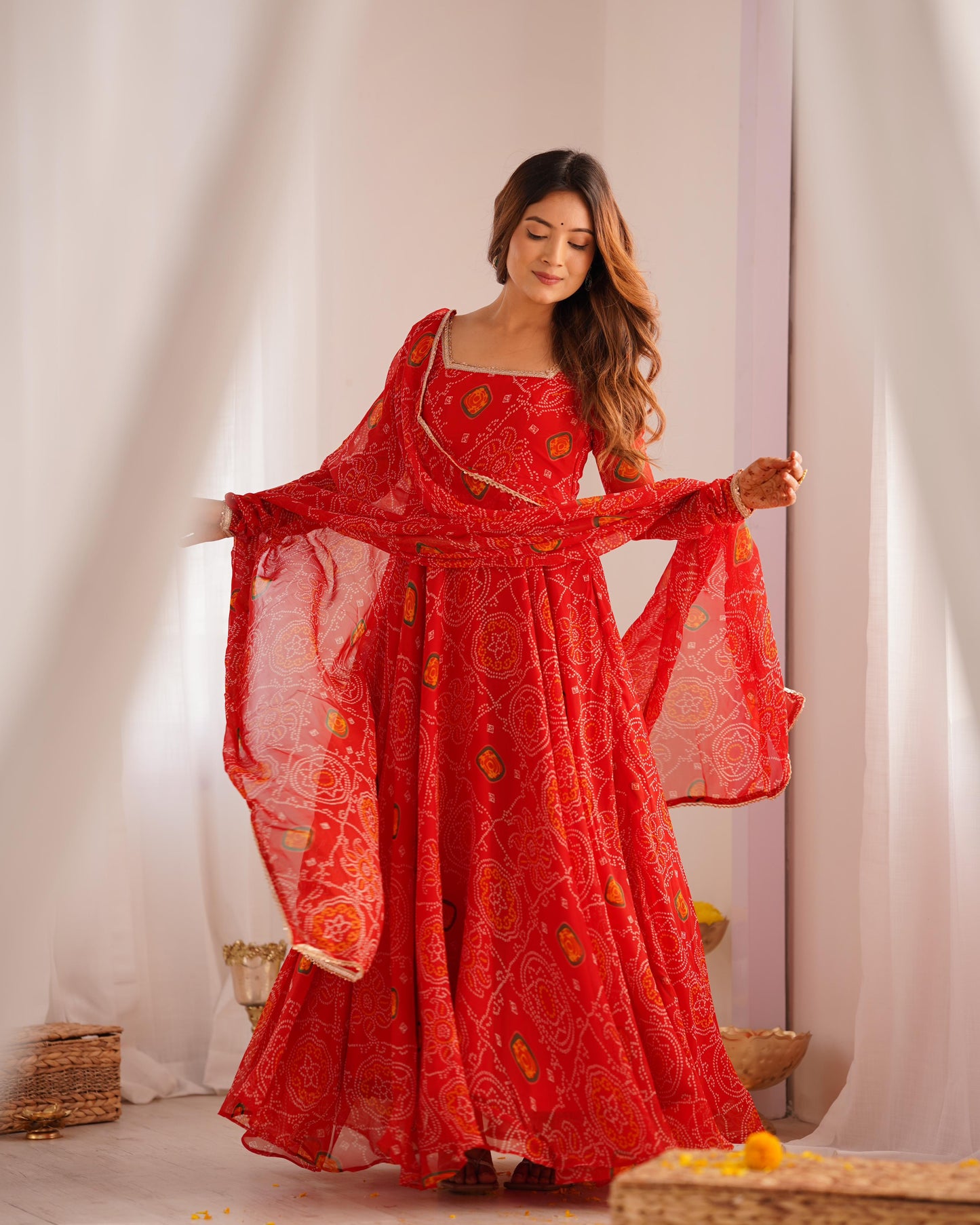 Red Chiffon Bandhani Printed Anarkali Suit