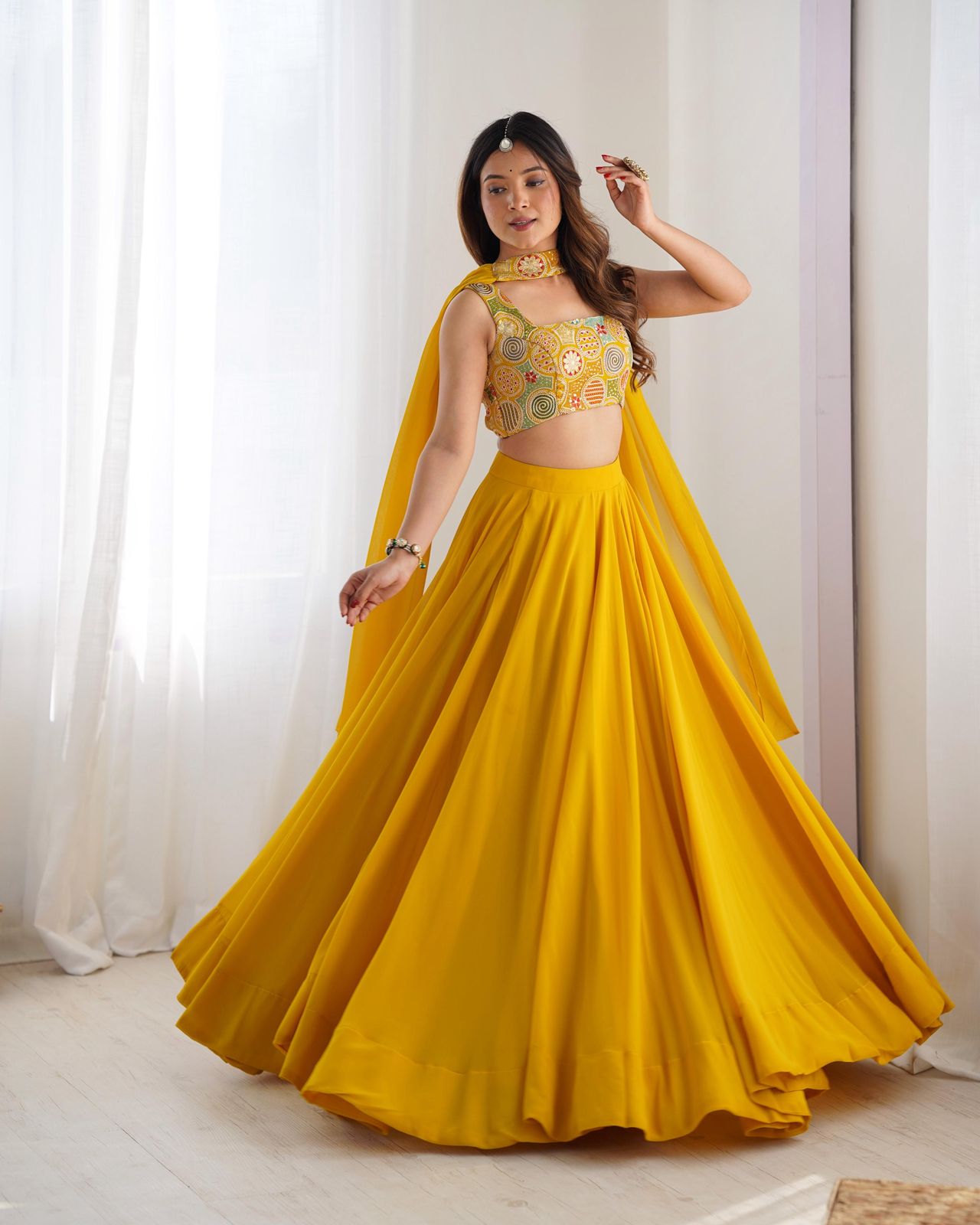 Solid color Georgette Stitched Flared Lehnga Choli