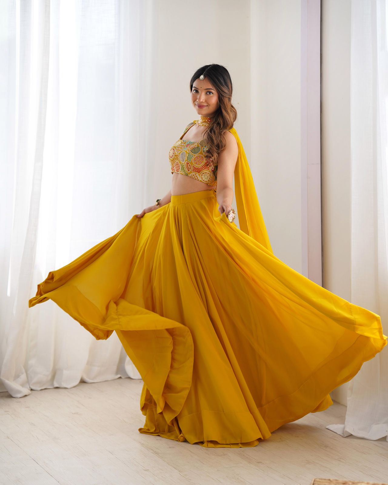 Solid color Georgette Stitched Flared Lehnga Choli