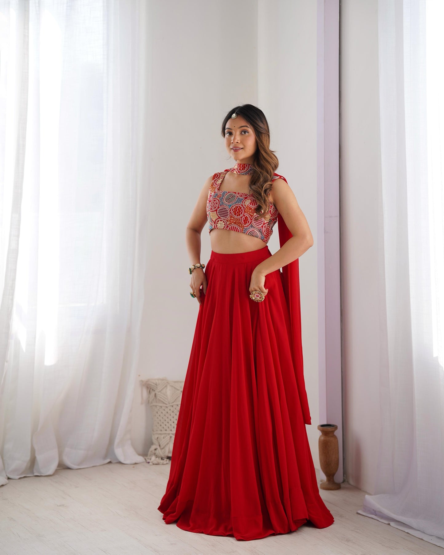 Solid color Georgette Stitched Flared Lehnga Choli