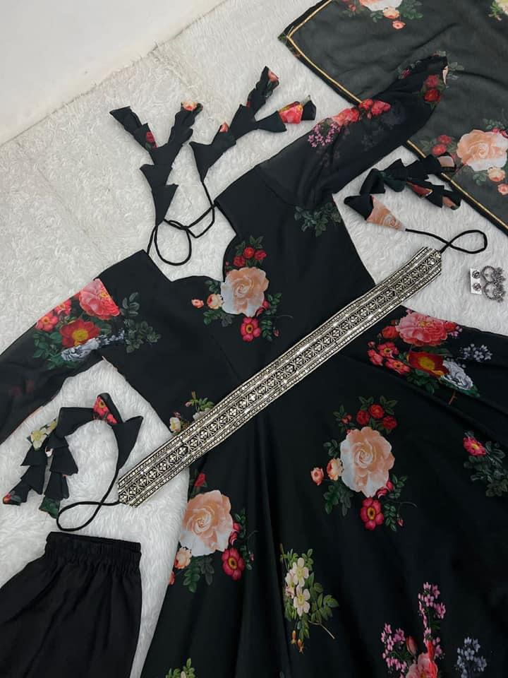 Black Georgette Printed Flared Gown