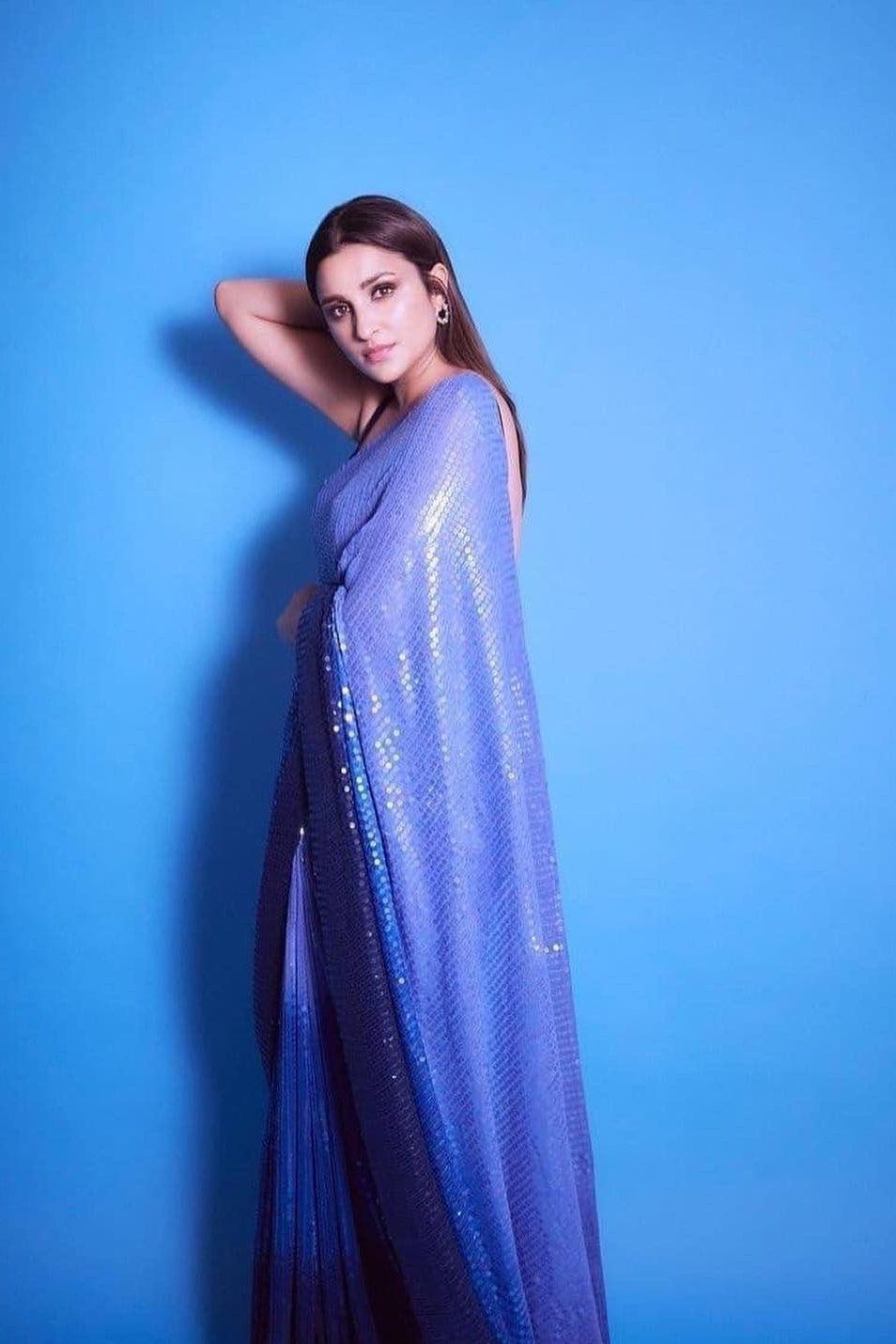 Blue Shades Georgette Sequined Saree