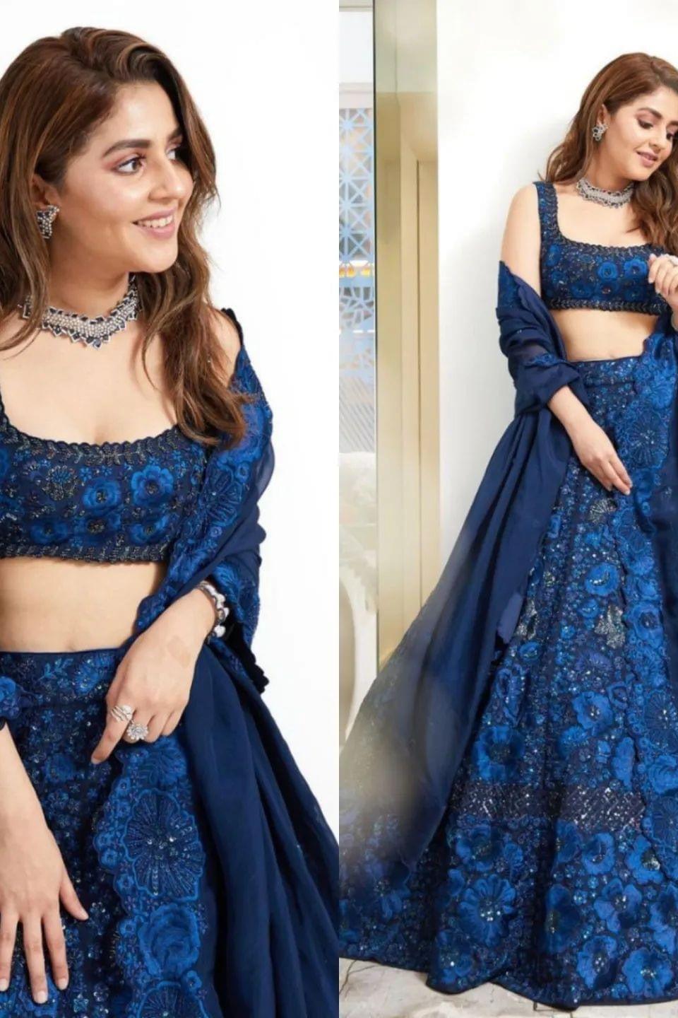 DakBlue Faux Georgette Embroidered Lehnga
