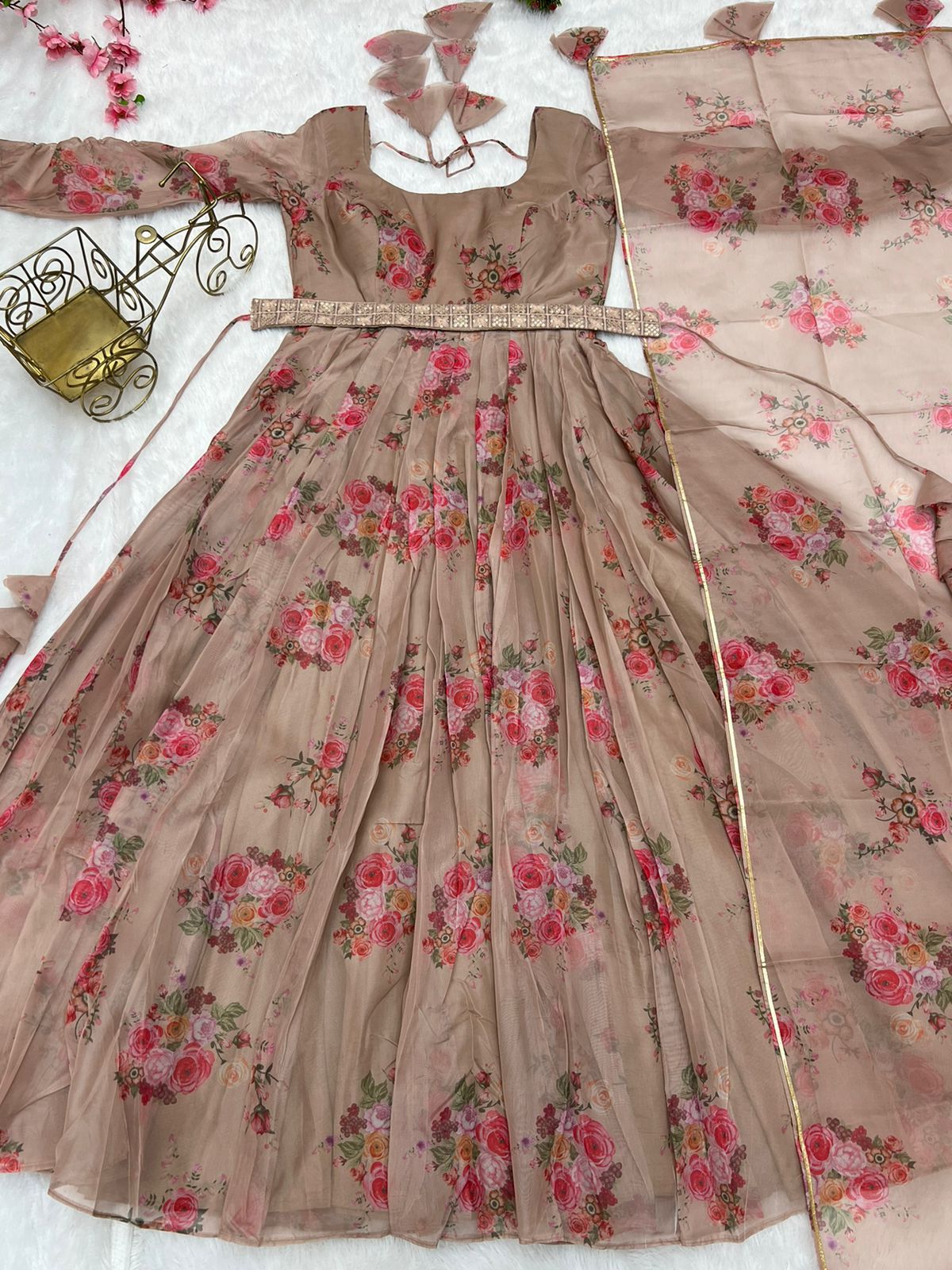Dusky Pink Tabby Organza Floral Belted Gown