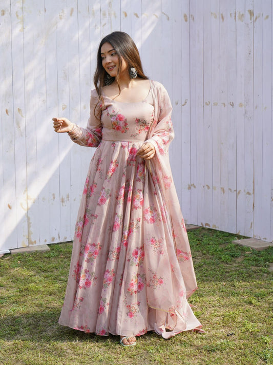 Dusky Pink Tabby Organza Floral Belted Gown
