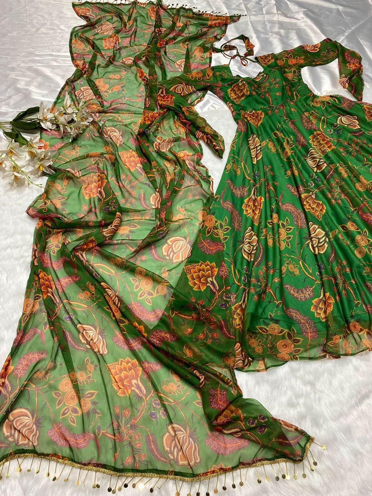 Green Chiffon Floral Printed Gown