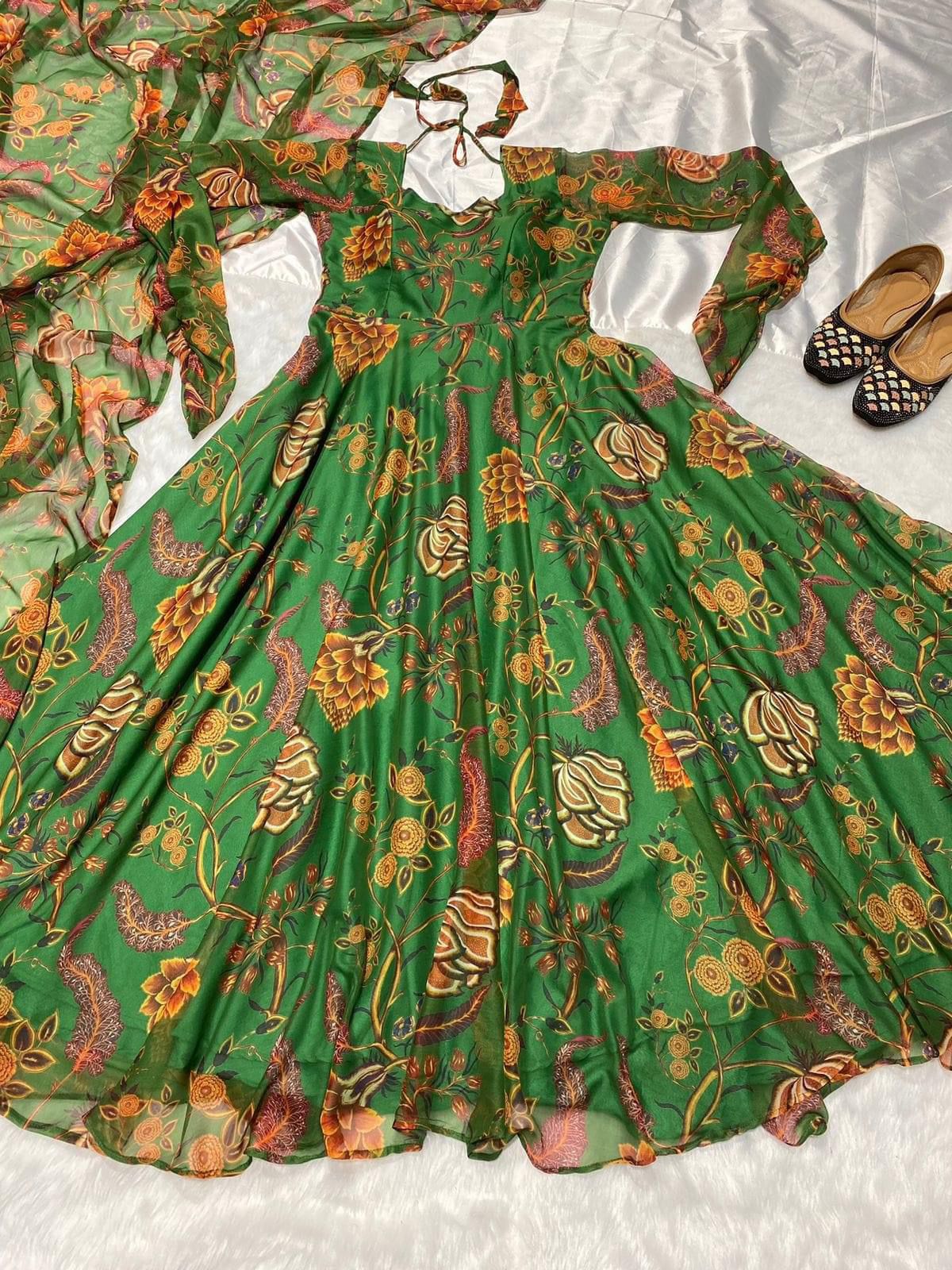 Green Chiffon Floral Printed Gown