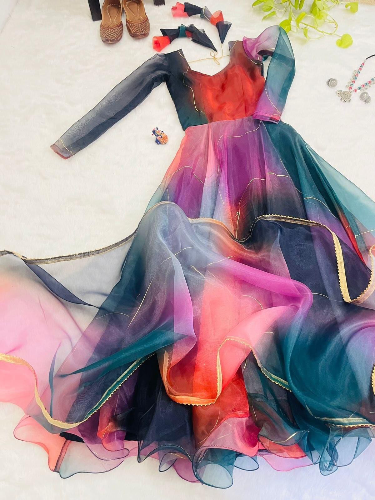 Multiple Color Organza Foil Printed Gown