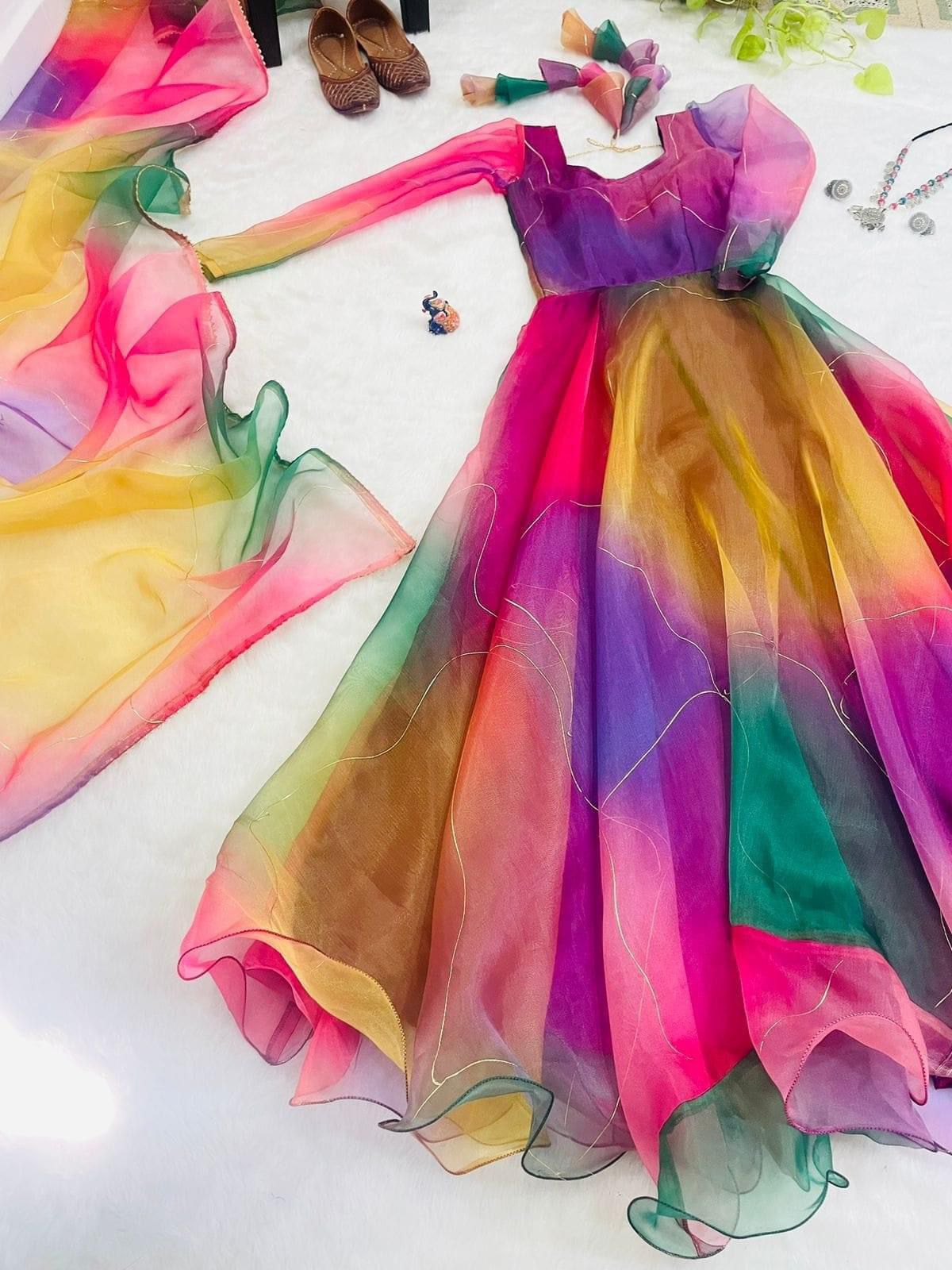 Multiple Color Organza Foil Printed Gown