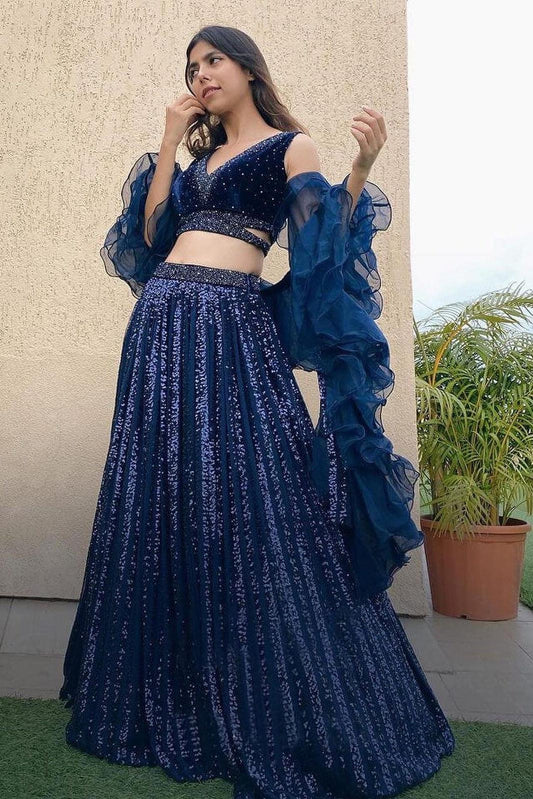 NavyBlue Georgette Heavy Embroidered Lehnga