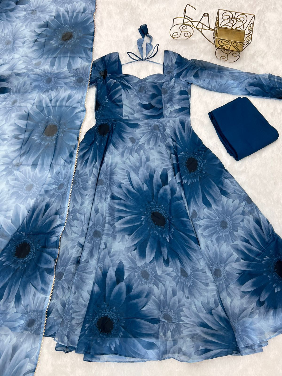 Prussian Blue Chiffon Floral Suit