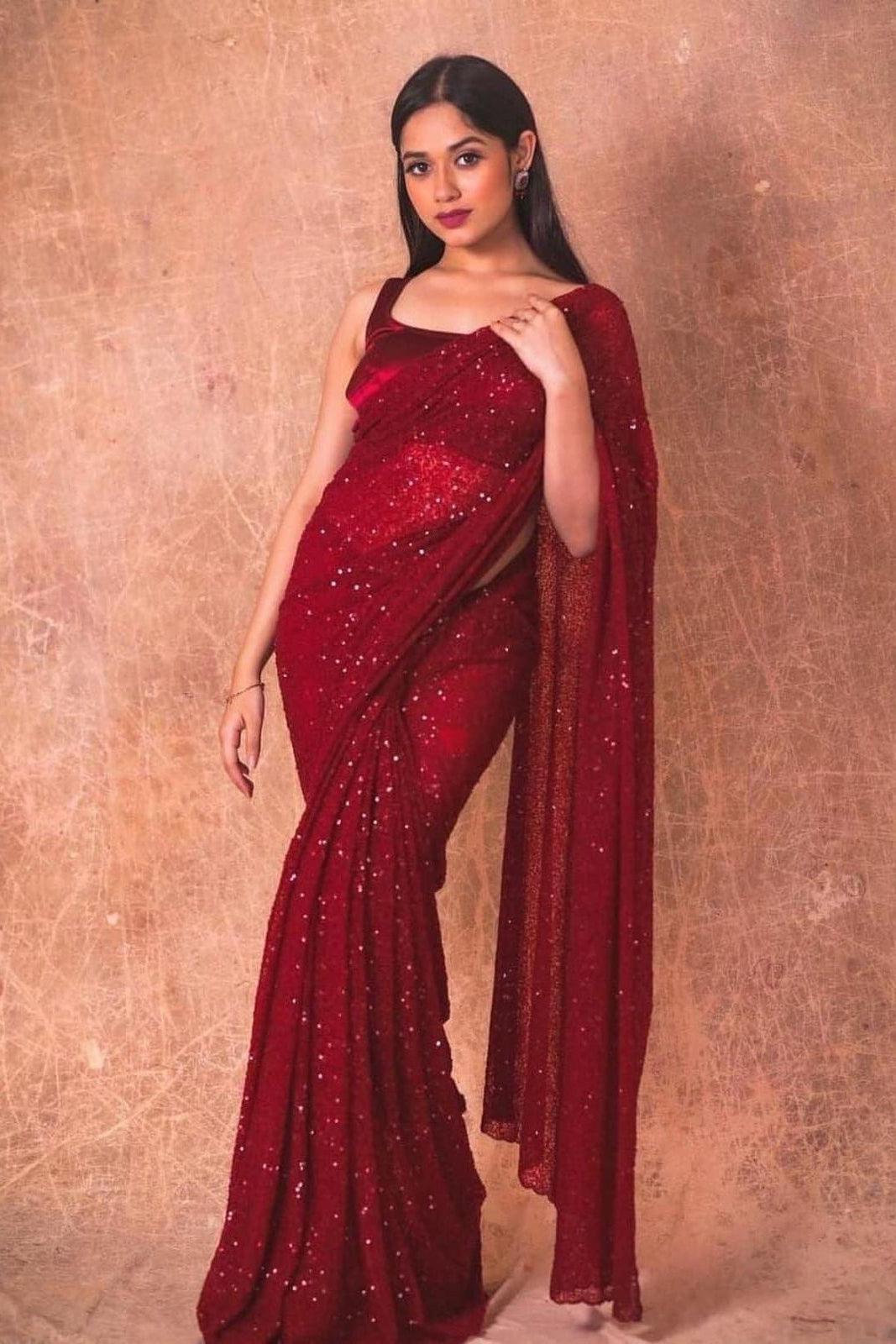 Red Pure Georgette Sequined Saree