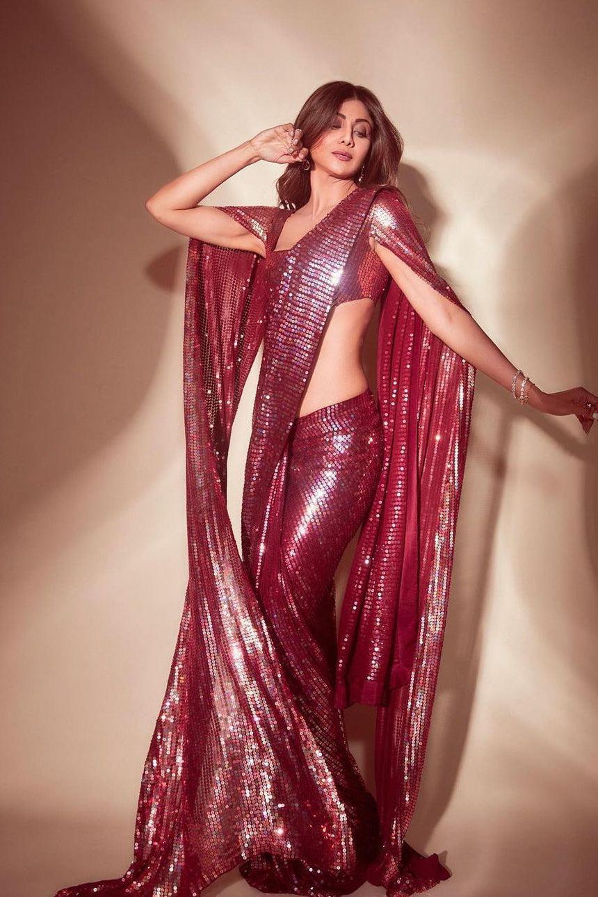 Shilpa Style Maroon Georgette Sequins Saree