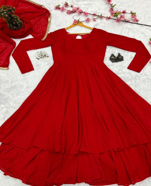 Solid Red Georgette Heavy Flared Suit