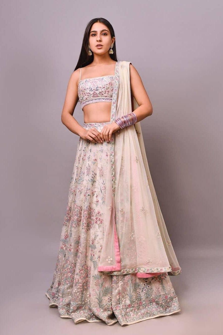 White Faux Georgette Embroidery Lehnga